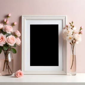 桌角素雅插花白色相框摄影图片